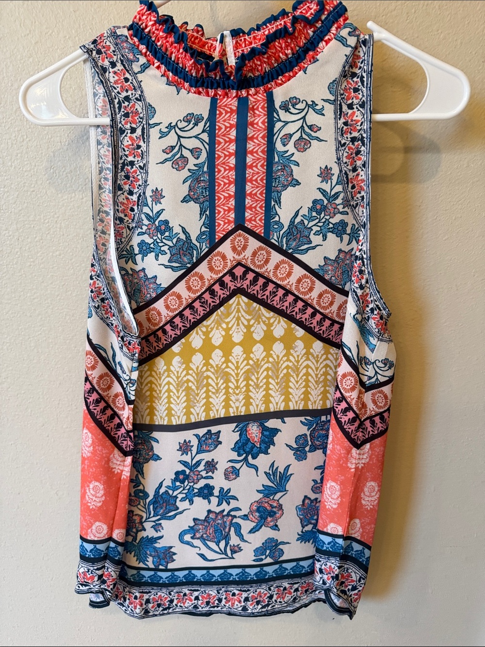 Jealous Tomato Printed Sleeveless High-Neck Tank Top - Coral, Blue & Yellow